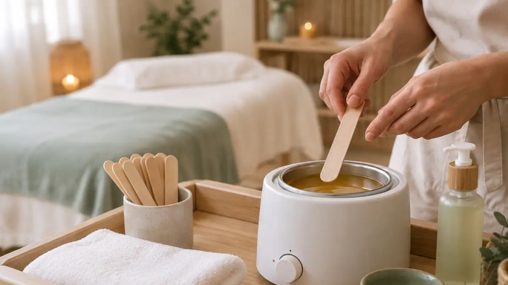 Préparation d’une épilation maillot brésilien en institut, cire et spatule sur la desserte de soin