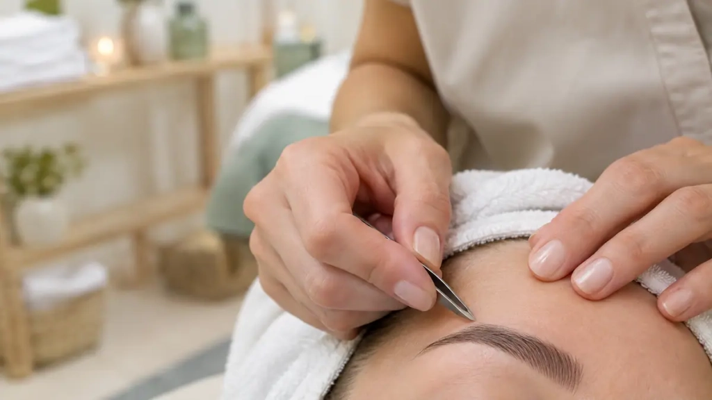 Épilation du visage en institut, geste précis de la praticienne sur la ligne des sourcils