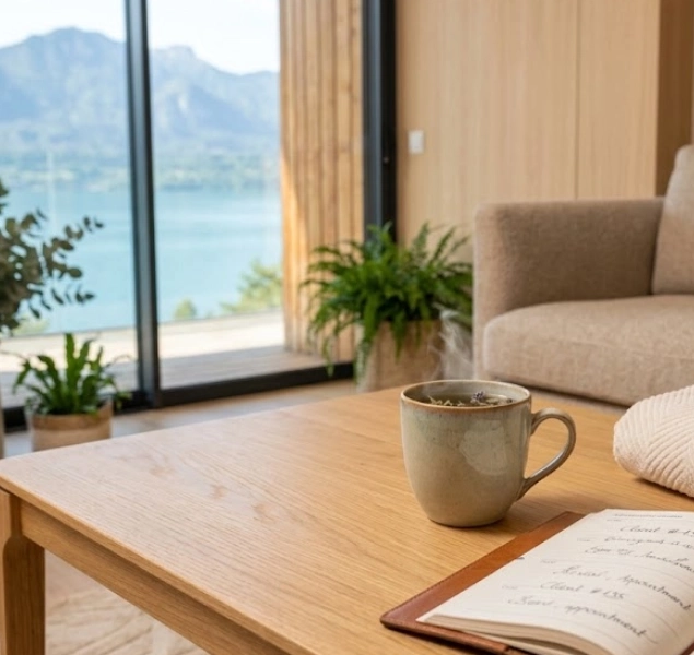 Espace d’accueil apaisant avant une séance de head spa en Savoie