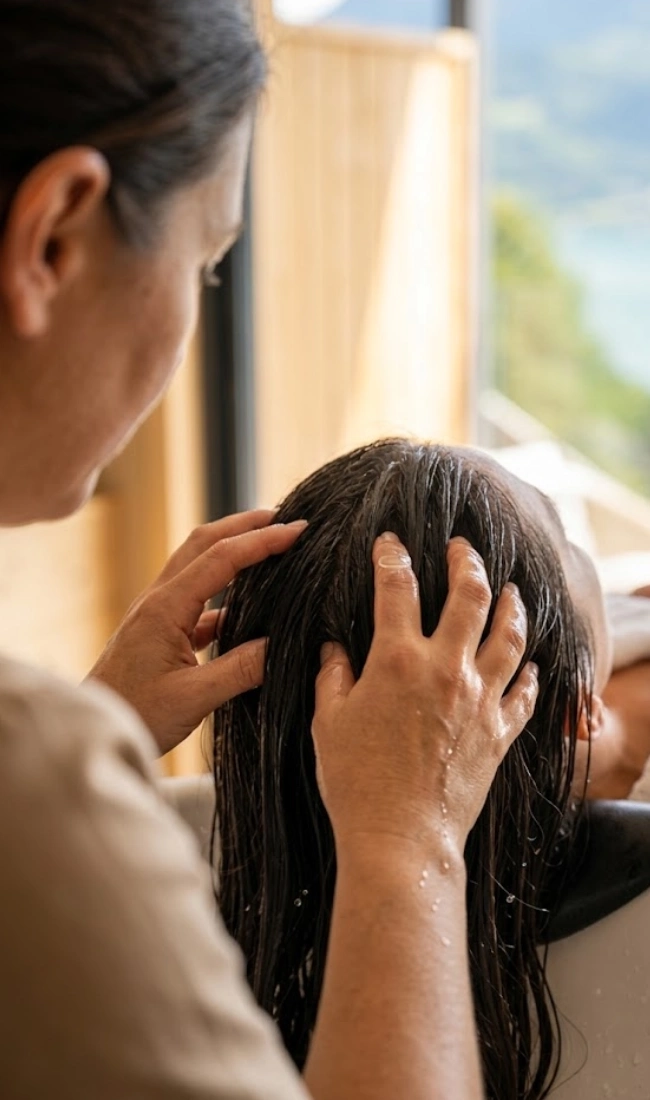 Massage crânien japonais aux huiles chaudes lors d’un head spa