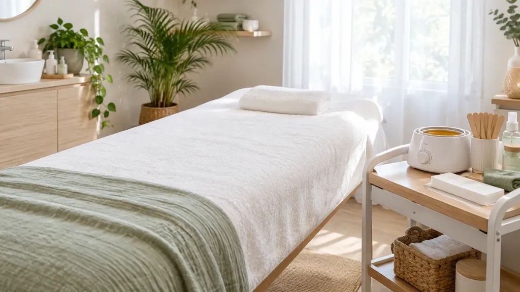 Cabine d’institut de beauté calme et lumineuse, préparée pour une épilation