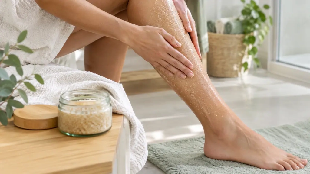 Gommage doux des jambes à la maison en préparation d’une épilation en institut