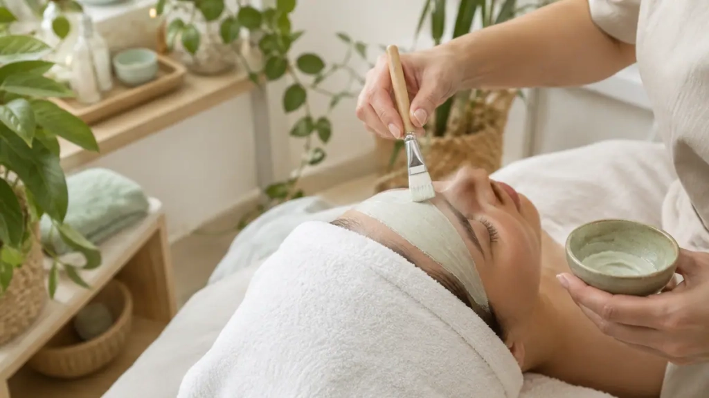 Soin du visage apaisant appliqué après une épilation en institut bien-être