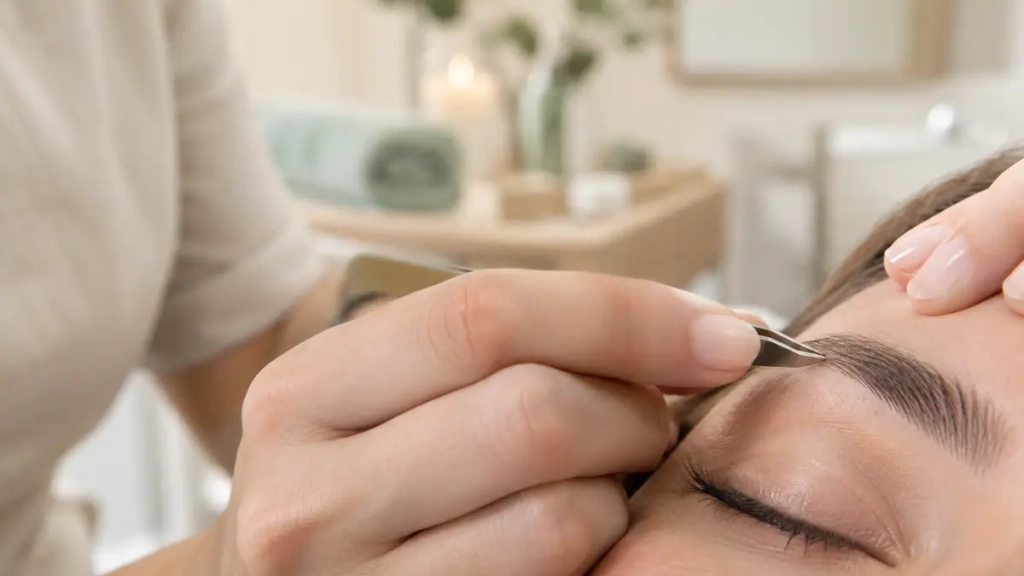Épilation des sourcils à la pince en institut, cadrage sur le geste de la praticienne